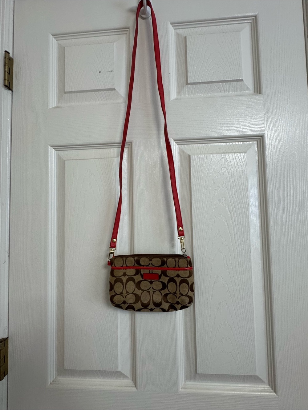 Coach Signature Jacquard Crossbody Bag with Orange Strap